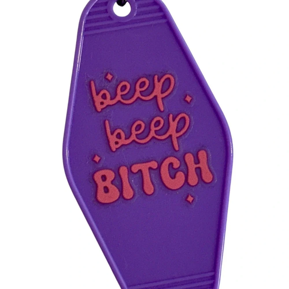 Handcrafted Purple Beep Beep B***H Retro Motel Keychain Pink Graphic Tag